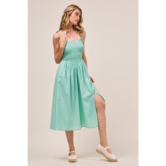 So Me Smocked Design Sleeveless Adjustable Spaghetti Strap Everyday Dress | Sage - Picture 2 of 7